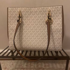 Michael Kors White & Tan Monogram Tote/Shoulder Bag